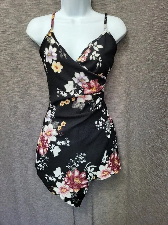 Womens Y2K Babydoll Asymmetric Fairy Grunge Romper Size S Black Floral Artsy - Picture 10 of 14